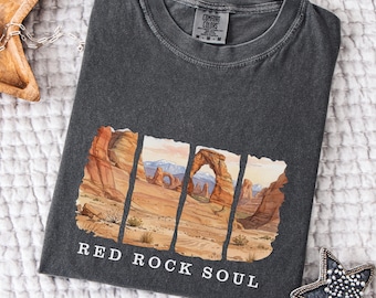 Red Rock Soul T-shirt, Comfort Colors Boho Watercolor Graphic Top, Arches Southwest Adventure Tee, Vintage Travel Gift For Women