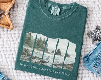Camiseta "Donde el bosque se encuentra con el mar", camiseta de inspiración para vacaciones, top gráfico de acuarela boho de Comfort Colors, regalo de playa para mujer