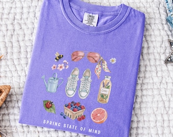 Frühlingszustand der Gedanken Komfortfarben T-Shirt, Aquarell saisonale Kleidung, süßes Reisegeschenk für Frauen, Frühlingsgartenarbeit-T-Stück