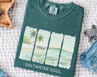 Camiseta Saltwater Soul, camiseta de inspiración tropical, top gráfico de acuarela boho de colores cómodos, lindo regalo de playa para mujer