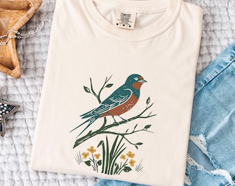 Vintage Spring Swallow T-shirt , Comfort Colors Boho Floral Apparel, Retro Distressed Bird Lover Shirt, Cottagecore Bird Tee