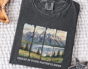 Great Is Your Faithfulness T-shirt, Christian Grand Teton Tee, Comfort Colors Boho Watercolor Graphic Top, Vintage Gift For Women