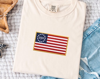 Embroidered USA 250 Flag T-shirt, Comfort Colors Patriotic USA Flag Tee, 250th American Anniversary Shirt, 4th of July Apparel, Memorial Day