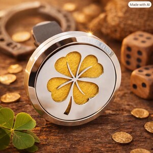 Peut inclure: Un médaillon circulaire en métal argenté présentant un motif de trèfle à quatre feuilles découpé avec un insert en feutrine jaune. L'objet possède une finition métallique polie et une attache à clip au dos, présenté comme un article décoratif.