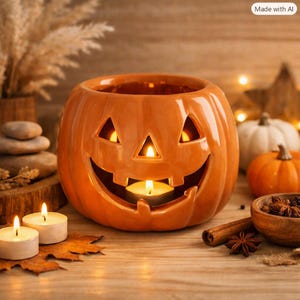 Peut inclure: Un bougeoir en céramique orange brillant en forme de citrouille d'Halloween avec un visage sculpté aux yeux triangulaires et un large sourire édenté. Une bougie chauffe-plat allumée est placée à l'intérieur, diffusant une lueur chaude.