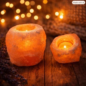 Op de afbeelding: Twee oranje zoutkristallen kaarsenhouders met ruwe, getextureerde oppervlakken. Elke houder bevat een brandend theelichtje dat een warm, gloeiend licht verspreidt vanuit de holle centra van de natuurlijke, onregelmatige rotsstructuren.