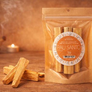 Peut inclure: Un sachet en plastique transparent avec un dos en papier kraft contenant trois bâtonnets de bois clair. Une étiquette ronde blanche sur le devant porte le texte PAU SANTO STICK 50gr et un code-barres. Trois bâtonnets sont posés devant le sachet.