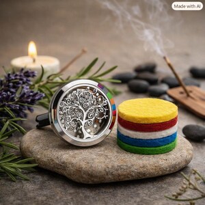 Op de afbeelding: Een ronde zilverkleurige metalen auto-luchtverfrisserclip met een uitgesneden boomontwerp en een regenboogkleurige rand, vergezeld van een stapel van vijf ronde vilten pads in de kleuren geel, rood, wit, blauw en groen.