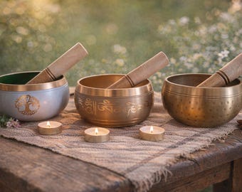 Trio handgemaakte Tibetaanse klankschalen: een levensboomschaal, een mantraschaal en een schaal met textuur voor meditatie, ontspanning en klanktherapie.