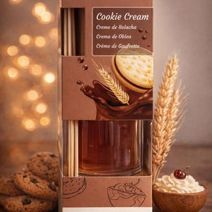 Pode incluir: Uma caixa castanha com um difusor de vidro, varetas e o texto "Cookie Cream". A caixa apresenta imagens de biscoitos, trigo e chantilly. O produto é um difusor de cana para fragrâncias domésticas.