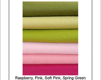 Pure Wool Felt - EXTRA LARGE 30cm x 25cm  (9.8" x 11 3/4") - Pink & Green Shades - 6 squares - Australian Merino Wool