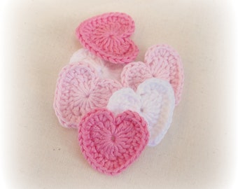 6 x Hand Crochet Applique Hearts 100% Cotton