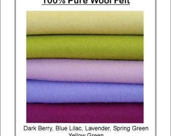 Pure Wool Felt - EXTRA LARGE 30cm x 25cm  (9.8" x 11 3/4") Dark Berry, Lavender, Green Shade - 5 squares - Australian Merino Wool