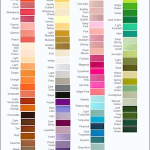 May include: A colour chart of 1mm thick pure wool felt swatches. The chart includes 100 different colours, organised by colour family. The colours are labelled with their names, such as Burgundy, Gold, Raspberry, Honeydew, and Ocean.