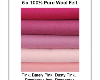 Pure Wool Felt - EXTRA LARGE 30cm x 25cm  (9.8" x 11 3/4") - Pink Shades - 5 squares - Australian Merino Wool - Oeko-Tex® Standard 100