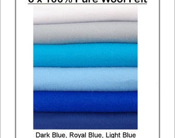 Pure Wool Felt  - EXTRA LARGE 30cm x 25cm  (9.8" x 11 3/4") - Blue Shades - 6 squares - Australian Merino Wool - Oeko-Tex® Standard 100