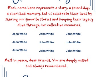 May include: A blue and white memorial card with the text "Gone but not forgotten" and "Class of 2004". The card also includes the text "Each name here represents a story, a friendship, a cherished memory. Let us celebrate their lives by sharing our favorite stories and keeping their legacy alive through our collective memories." and "Rest in peace, dear friends. You are deeply missed and always remembered."