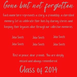 Class Reunion Memorial Poster - Red and Silver Tribute loving memory poster, School colors, classmate memorial poster, reunion poster, 18X24