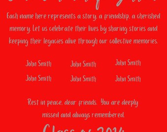 Class Reunion Memorial Poster - Red and Silver Tribute loving memory poster, School colors, classmate memorial poster, reunion poster, 18X24