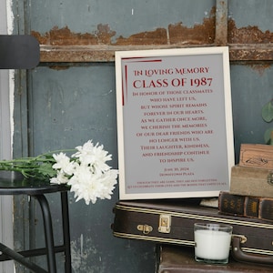 Op de afbeelding: Een wit ingelijst bord met een grijze achtergrond en rode tekst die "In liefdevolle herinnering Klas van 1987" luidt. De tekst gaat verder met een gedicht over het herdenken van overleden klasgenoten. Het bord staat op een houten oppervlak met een kaars en andere voorwerpen.