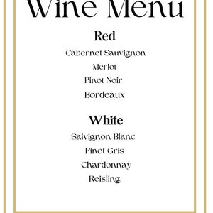Eleganckie, personalizowane menu win w kolorze złotym i białym, z dopasowanym plakatem powitalnym i zaproszeniem, w wersji cyfrowej, do wydruku w domu