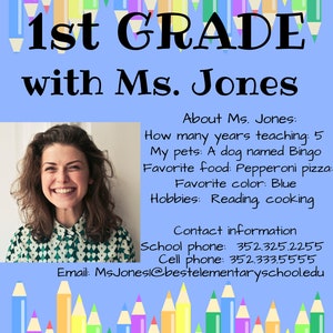 Bright meet my teacher parent night handout, teacher information sheet, editable template, photo template for teacher bio