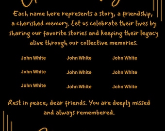 Class Reunion Memorial Poster -Black and Gold Tribute, loving memory poster, School colors, classmate memorial poster, reunion poster, 18X24