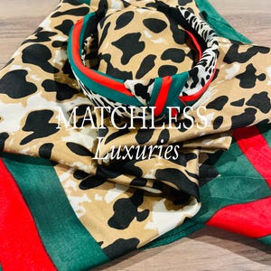 Luxury Style 100% Silk Leopard Print Square Scarf w/ Matching Satin Knotted Headband ~ Wrap ~ Shawl ~ Neck Scarf ~ Fashion Scarf ~ Gift Sets