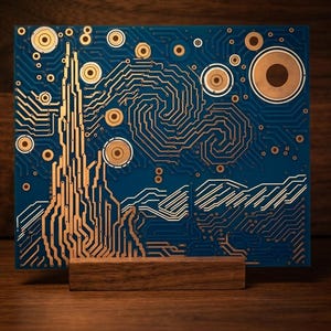 Puede incluir: Una placa de circuito impreso cuadrada con un dise&ntilde;o de color cobre que muestra un cielo nocturno arremolinado con un cipr&eacute;s alto y estrellas circulares sobre un fondo azul oscuro, sobre un soporte de madera.