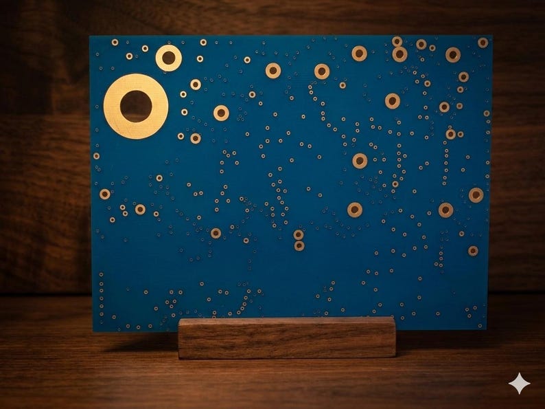 Puede incluir: Un panel rectangular azul con un patr&oacute;n disperso de anillos circulares dorados de varios tama&ntilde;os, apoyado sobre una base de bloque de madera horizontal. El dise&ntilde;o recuerda a un cielo nocturno estrellado.