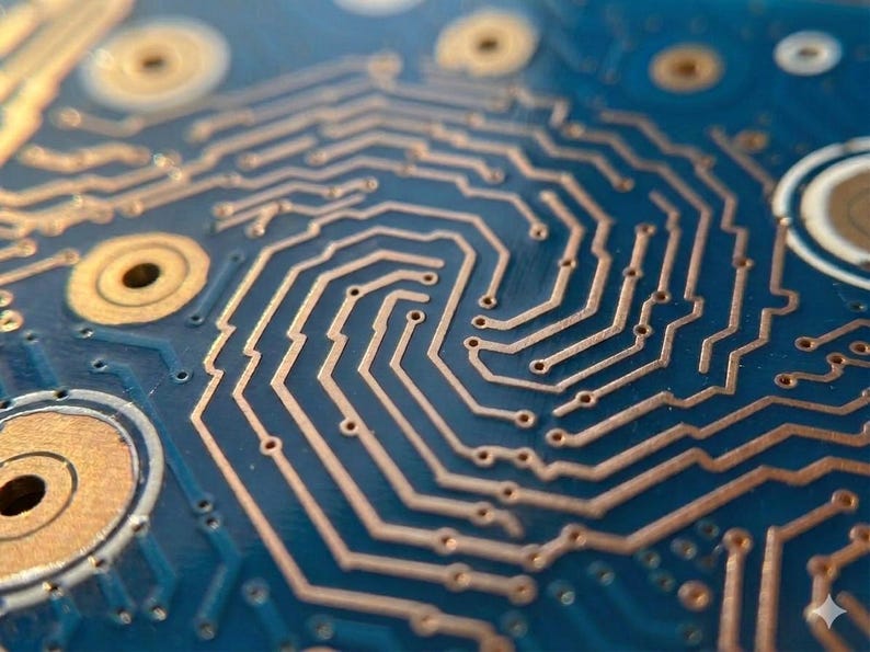 Puede incluir: Una vista de cerca de una placa de circuito impreso azul con intrincadas rutas de cobre dispuestas en un patr&oacute;n en espiral. La placa incluye varias almohadillas de contacto de cobre circulares con orificios centrales, mostrando el dise&ntilde;o electr&oacute;nico detallado.