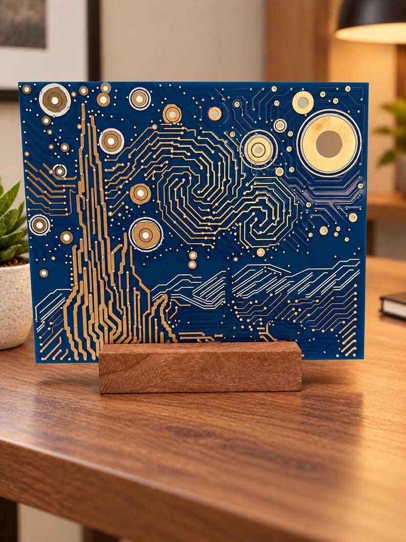 Puede incluir: Una pieza de arte rectangular hecha de una placa de circuito azul con trazos dorados dispuestos en un patr&oacute;n de remolinos que recuerda a un cielo nocturno con estrellas y un cipr&eacute;s alto, sobre una base rectangular de madera.