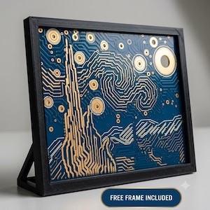 Stjärnklar natt PCB-konst | Van Gogh-kretskort, teknikdekoration för skrivbord (20 x 17 cm) FRI RAM