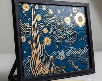 Starry Night PCB Art | Van Gogh Circuit Board, Tech Desk Decor (8" x 6.5) FREE FRAME