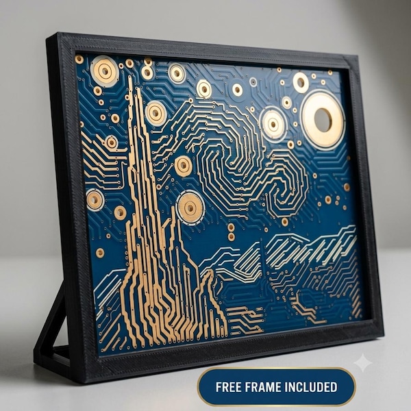 Starry Night PCB Art | Van Gogh Circuit Board, Tech Desk Decor (8" x 6.5) FREE FRAME