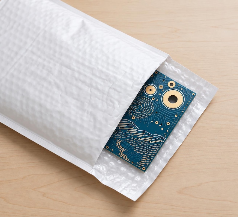Puede incluir: Una placa de circuito impreso rectangular azul con puntos de contacto circulares dorados y caminos de cobre intrincados, parcialmente insertada en un sobre de env&iacute;o blanco con burbujas de polietileno.