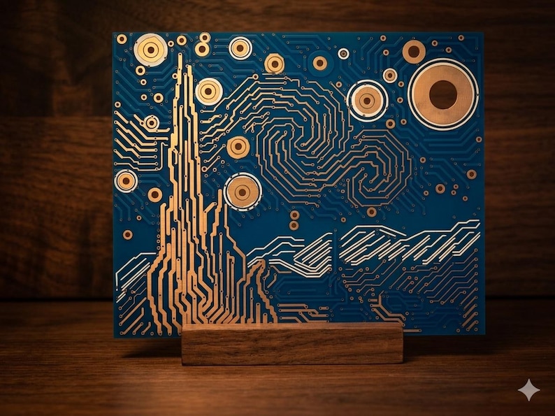 Puede incluir: Una placa de circuito impreso cuadrada con un dise&ntilde;o de color cobre que muestra un cielo nocturno arremolinado con un cipr&eacute;s alto y estrellas circulares sobre un fondo azul oscuro, sobre un soporte de madera.