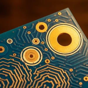 Puede incluir: Una placa de circuito impreso azul con intrincadas pistas conductoras de color dorado y almohadillas de montaje circulares de varios tama&ntilde;os. La placa muestra una compleja red de caminos y puntos de conexi&oacute;n.