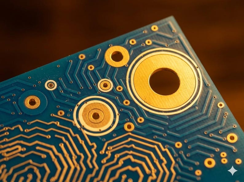 Puede incluir: Una placa de circuito impreso azul con intrincadas pistas conductoras de color dorado y almohadillas de montaje circulares de varios tama&ntilde;os. La placa muestra una compleja red de caminos y puntos de conexi&oacute;n.