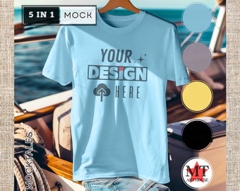 Bella Canvas Mock Ocean Blue – hängendes T-Shirt-Bundle, einfach hier Ihr Design zu platzieren – leeres T-Shirt-Mockup-Bundle für Print-on-Demand-Mock-ups