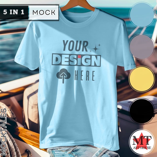 Bella Canvas Mock Ocean Blue - hanging t shirt bundle easy to put your design here - blank tshirt Mockup Bundle for Print on Demand mock ups