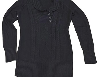Maglione Guess Vintage Trecciato Nero, Taglia L, 3 Bottoni, 100% Cotone, stile Y2k