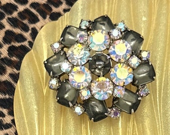 Vintage WEISS Silvertone Cluster Brooch with Grey Rectangles & Clear AB Rhinestones | Statement Jewelry, Bridal Accessory