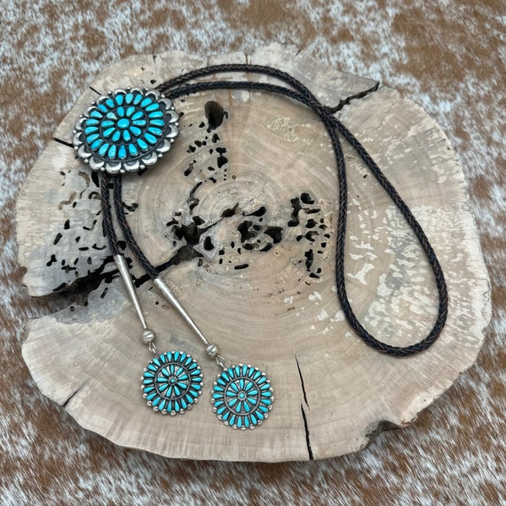 Sterling Bolo Tie & Earrings With Native American… - image 2