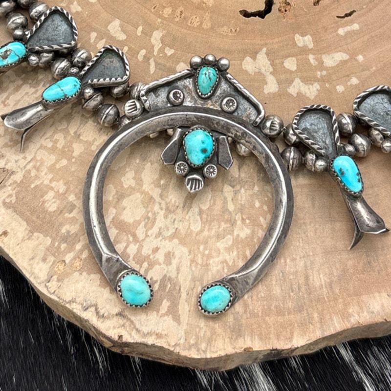 1930s-1940s NAVAJO Sterling & Turquoise Squash Blossom Necklace