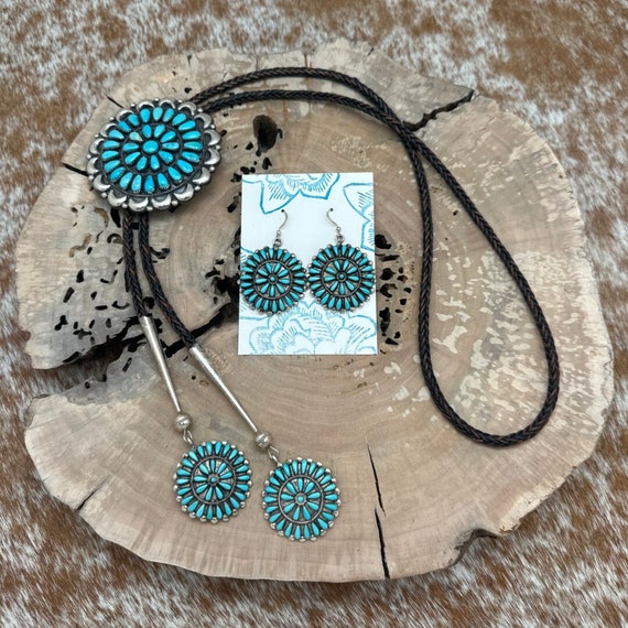 Sterling Bolo Tie & Earrings With Native American… - image 1