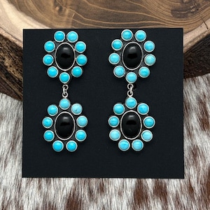 FEDERICO JIMENEZ Sterling Silver Natural Turquoise Onyx Cluster Dangle Earrings