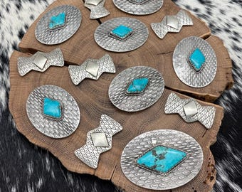 1990s Native American NAVAJO Contemporary Sterling & Turquoise Concho Belt Set