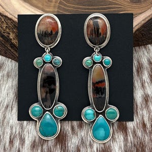 FEDERICO JIMENEZ Sterling Petrified Wood & Turquoise Statement Dangle Earrings