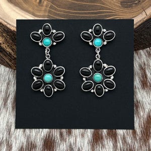 FEDERICO JIMENEZ Sterling Onyx & Turquoise Floral Cluster Post Dangle Earrings